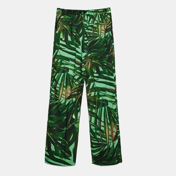 ZARA - BNWT Green Satin Effect Flowy Tropical Floral Print Pants with Pockets - Picture 5 of 6
